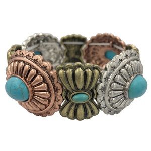 Mixed Metal Silver Gold Copper Concho Western Turquoise Stone Stretch Bracelet